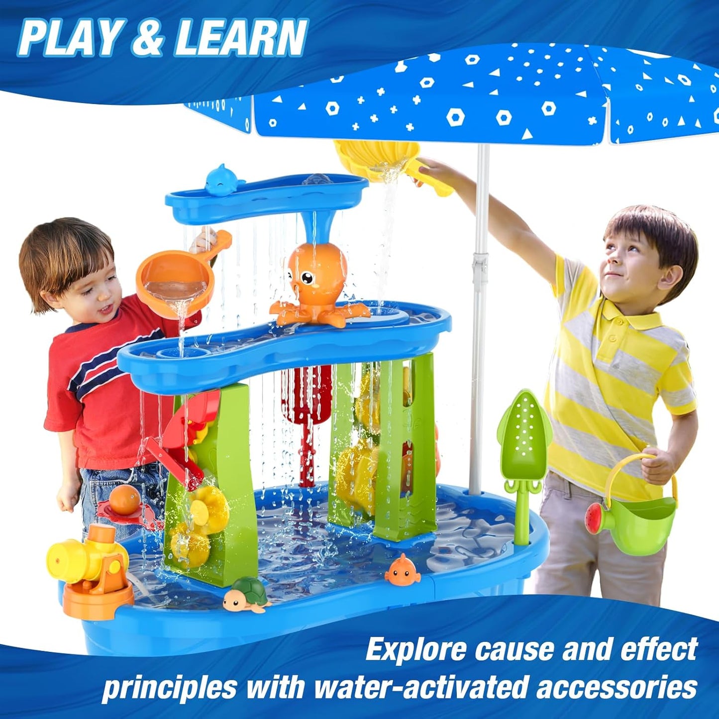 Water Table for Toddlers 3-5, 3-Tier Kids Splash Sand Table Water Toys with Umbrella, Rain Showers Splash Pond for Outdoor Beach Backyard Summer, Activity Sensory Playset for Boys Girls, Blue